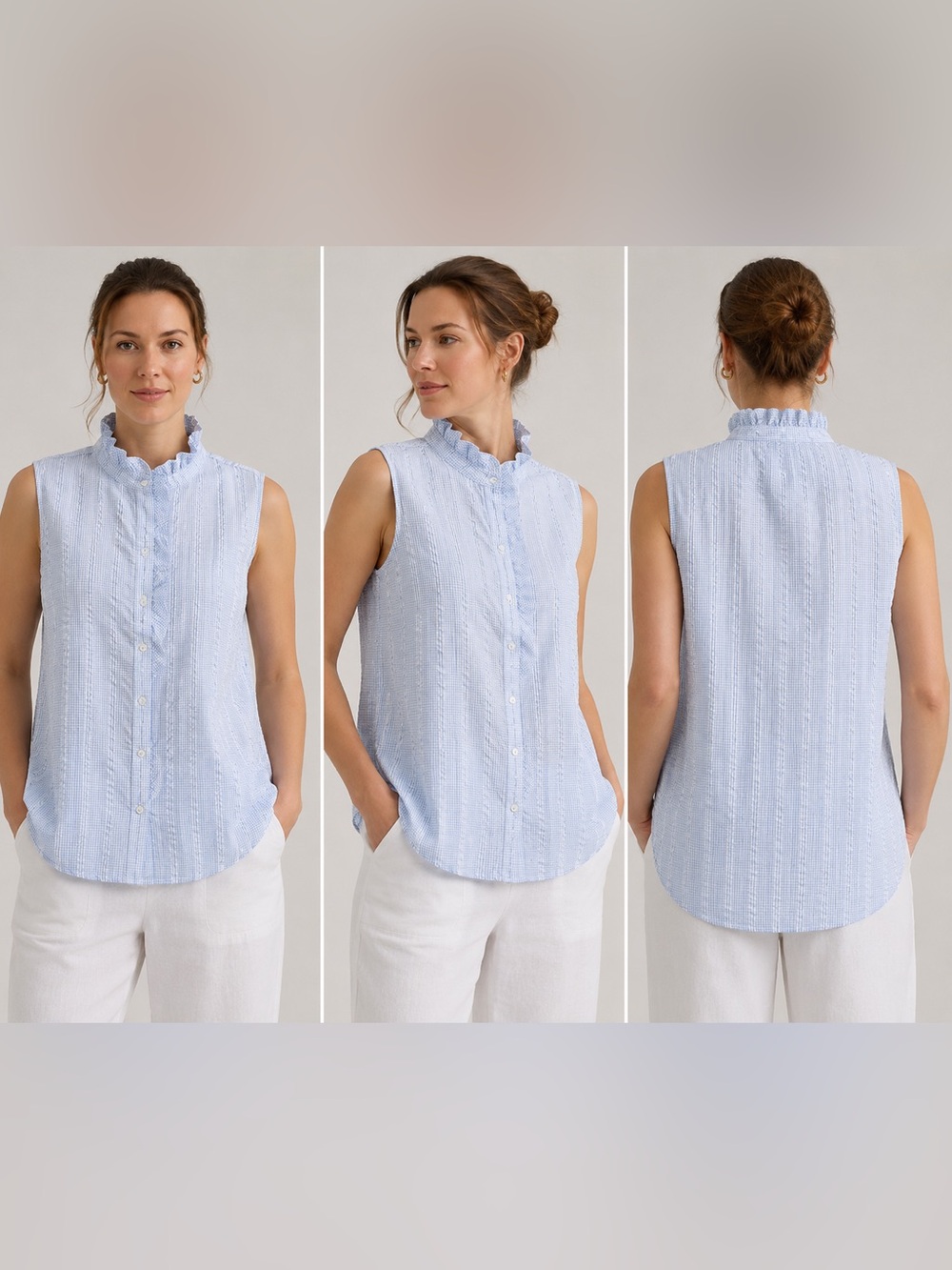 J. McLaughlin NWT Women’s L Blue Seersucker Gingham Ruffle Sleeveless Cotton Top